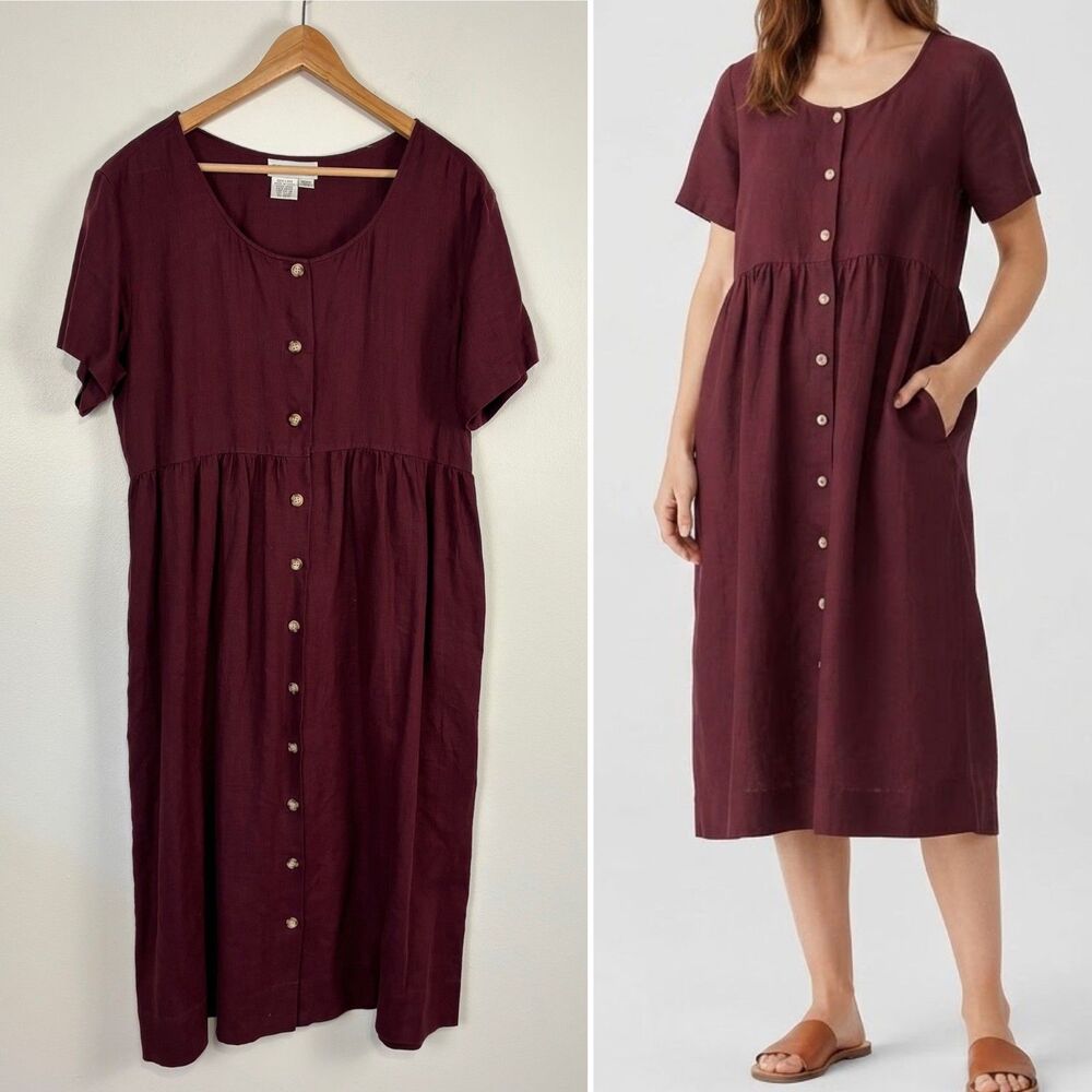 VTG 90s Spencer Tyler Womens M Burgundy 100% Linen Button Front Dress Pockets